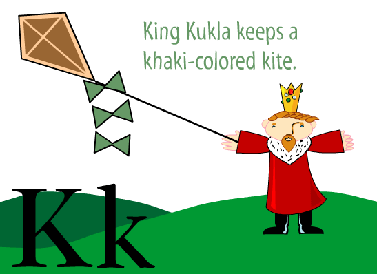 Kk: King Kukla keeps a khaki-colored kite.