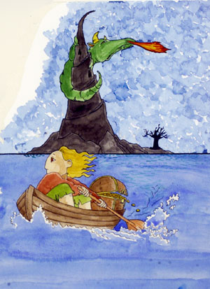 watercolor: man paddling away from dragon