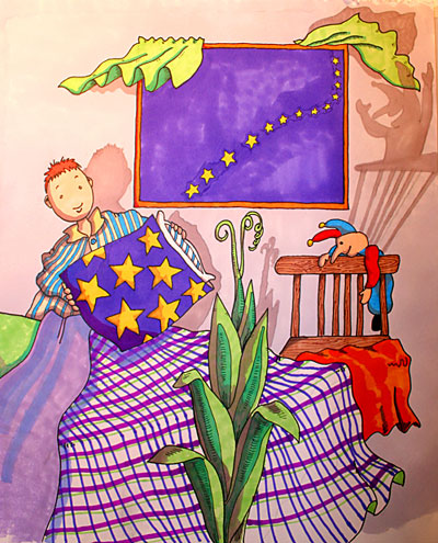 Boy in midnight room, stars in window, stars on pillowcase, green beanstalk in room