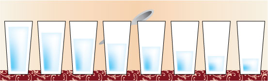 row of 8 glasses with descending amount of liquid in each glass