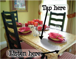diagram of table - listen at edge, tap about 12 inches in