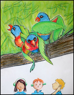 rainbow lorikeets and children covering their ears